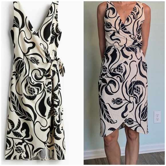 New!! H&M Black and Cream Floral Midi Dress - Picture 1 of 8